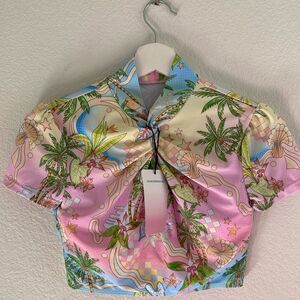 Oceanus Short Sleeve Palm Tree Mermaid Pastel Swim Top Small